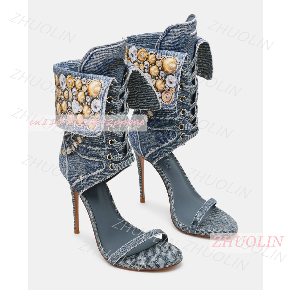 Women Shoes Us To Eu - Women Blue Denim Rhinestone Sandals Lace