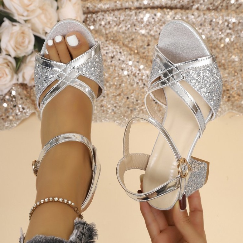 Block Heel Ankle Boots - Women Block Heels Sandals Gold Sparkly