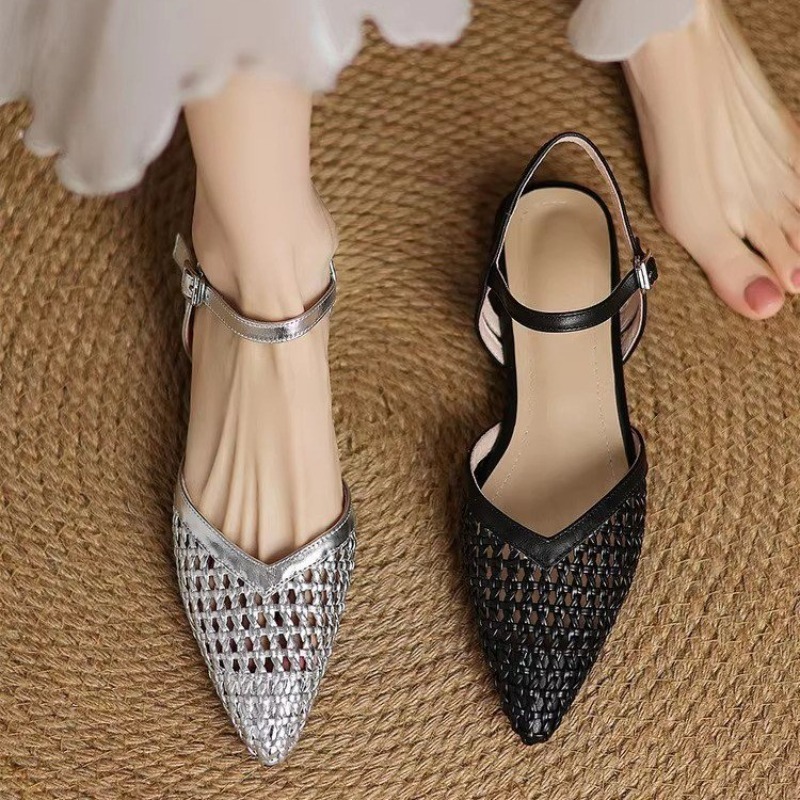 Women'S Shoes Large - French Pointed-Toe Woven High-Heeled Sandals, Breathable