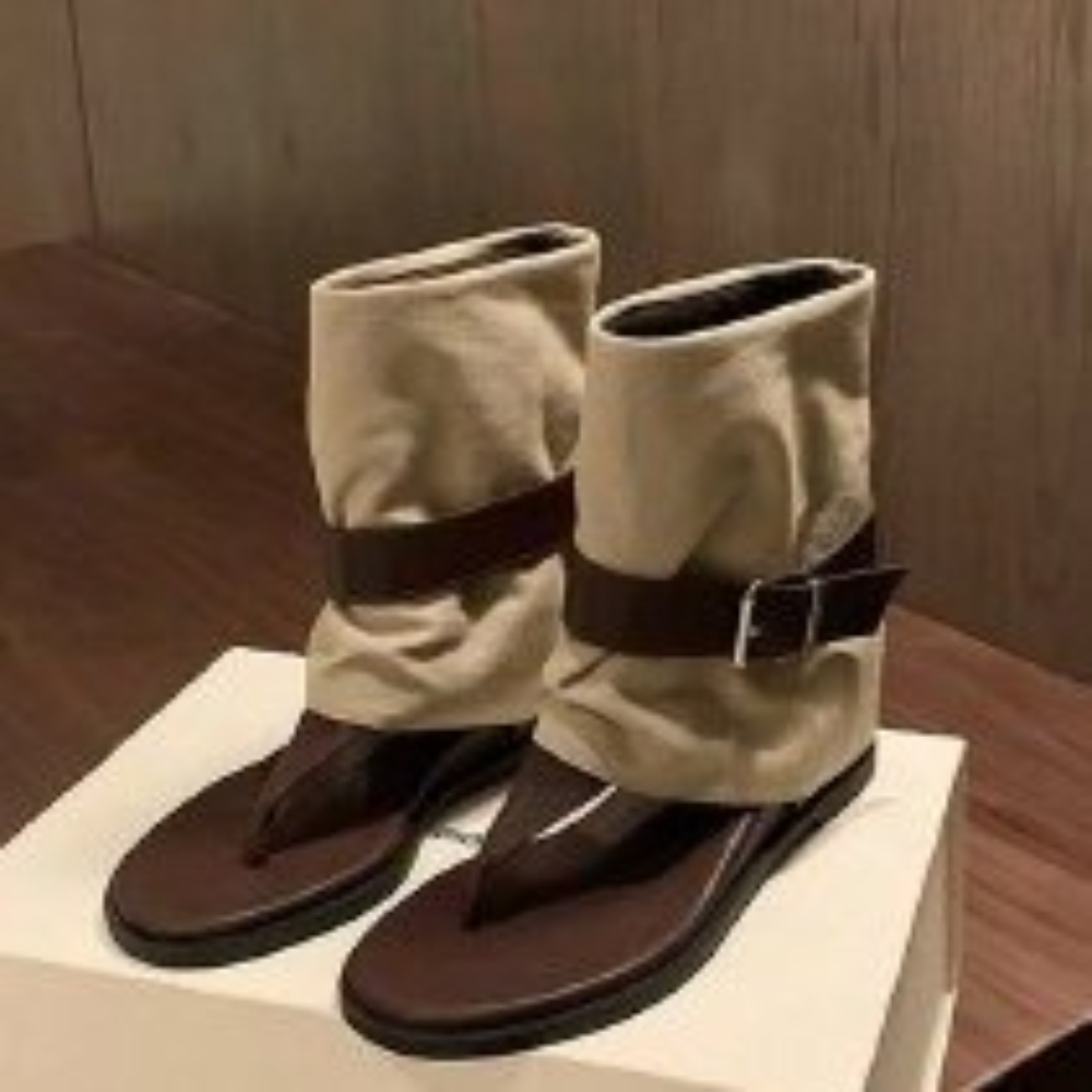 Block Heel Ankle Boots - Vintage Color Block Toe Ring Sandals