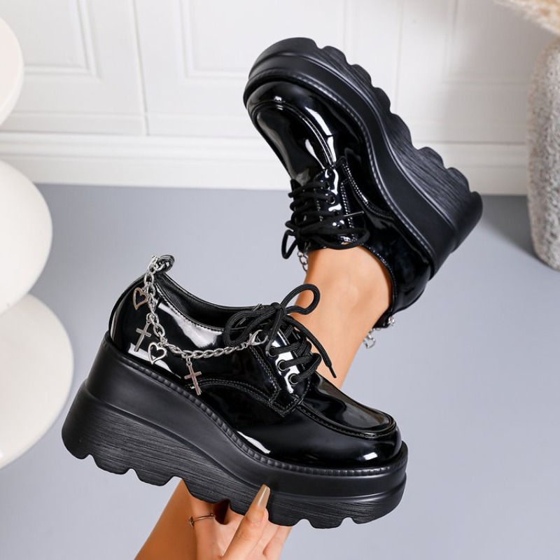 Women'S Shoes Loafers Black - Black Glossy Lace-Up Platform Leather Shoes