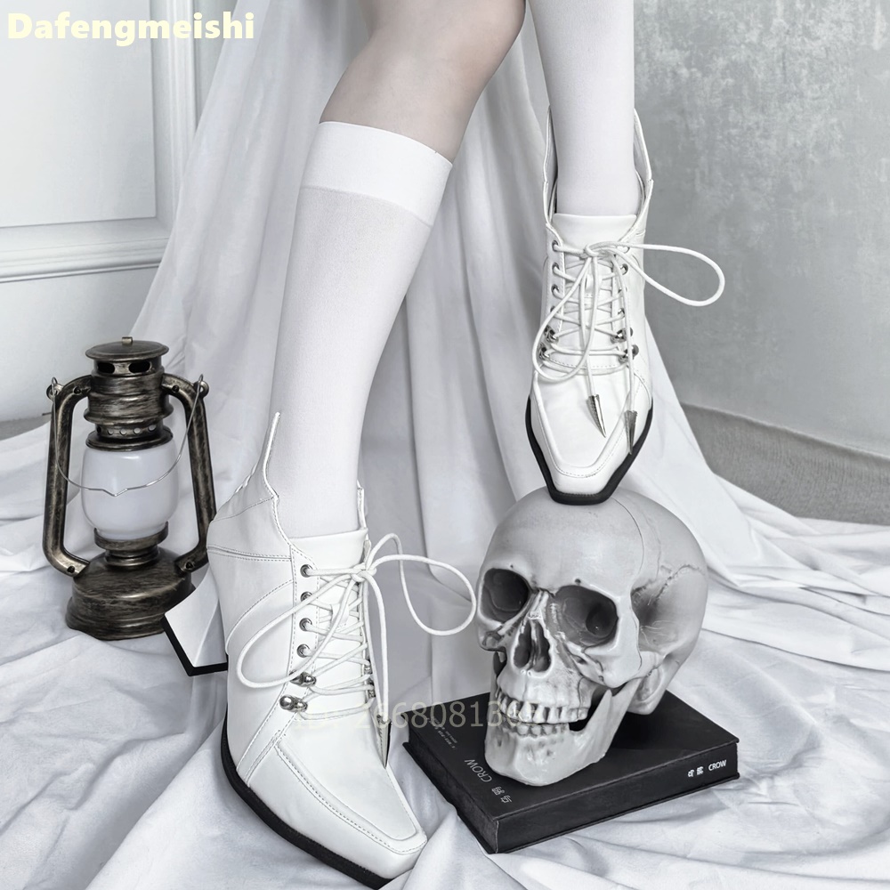 White Leather Square Toe Ankle - Block Heel Ankle Boots recension och pris
